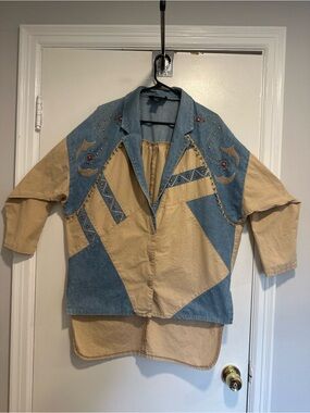 VTG 80s patchwork Suzelle Sz6 roper rodeo Western shacket denim beaded faux gem.